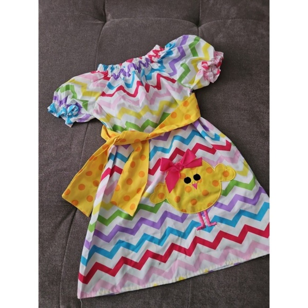 Easter Chick Chevron Dress Girls Size Small 100% Cotton Multi-Color Spring‎